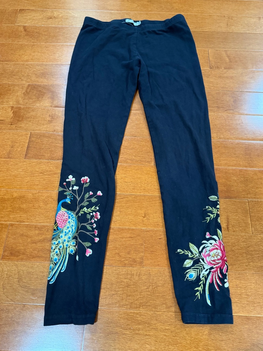 Johnny Was Black w Embroidered Peacock & Flowers Elastic Waist Kaira Leggings S
